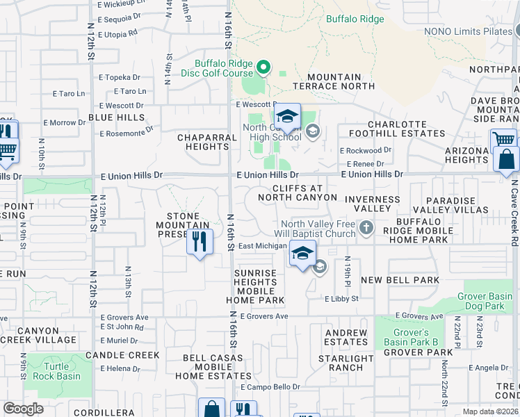 map of restaurants, bars, coffee shops, grocery stores, and more near 1625 East Bluefield Avenue in Phoenix