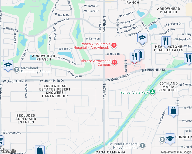 map of restaurants, bars, coffee shops, grocery stores, and more near 6725 West Union Hills Drive in Glendale