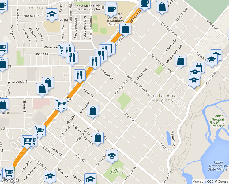 map of restaurants, bars, coffee shops, grocery stores, and more near 2305 Orange Avenue in Costa Mesa