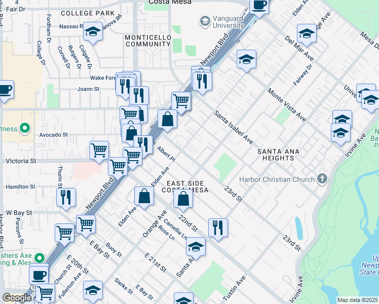 map of restaurants, bars, coffee shops, grocery stores, and more near 171 23rd Street in Costa Mesa