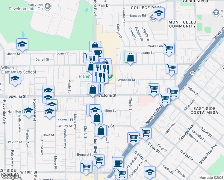 map of restaurants, bars, coffee shops, grocery stores, and more near 2146 College Avenue in Costa Mesa