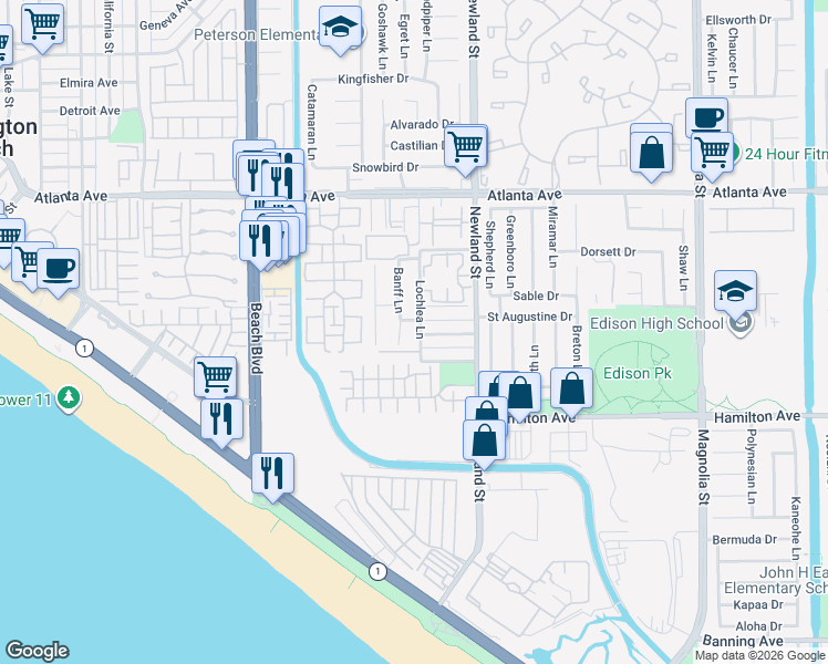 map of restaurants, bars, coffee shops, grocery stores, and more near 8426 Terranova Circle in Huntington Beach