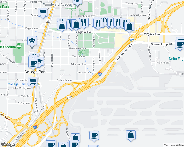 map of restaurants, bars, coffee shops, grocery stores, and more near 710 Columbia Avenue in College Park