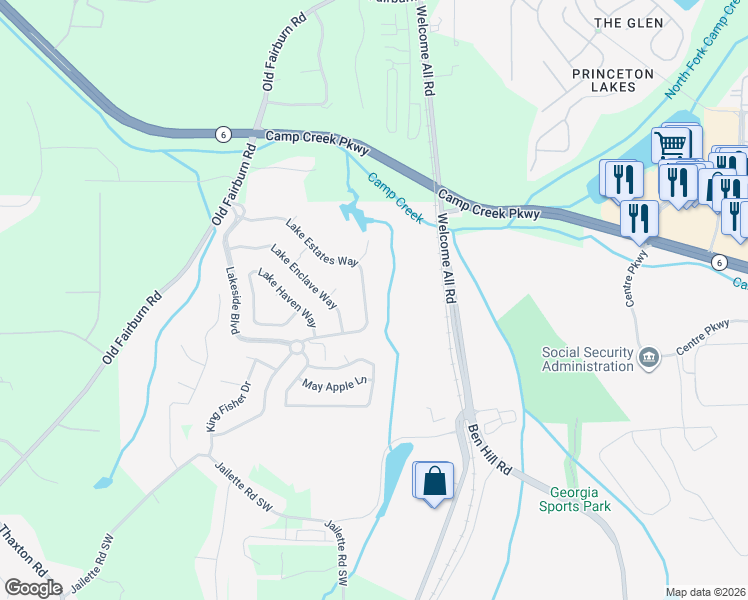 map of restaurants, bars, coffee shops, grocery stores, and more near 3653 Lake Estates Way in Atlanta