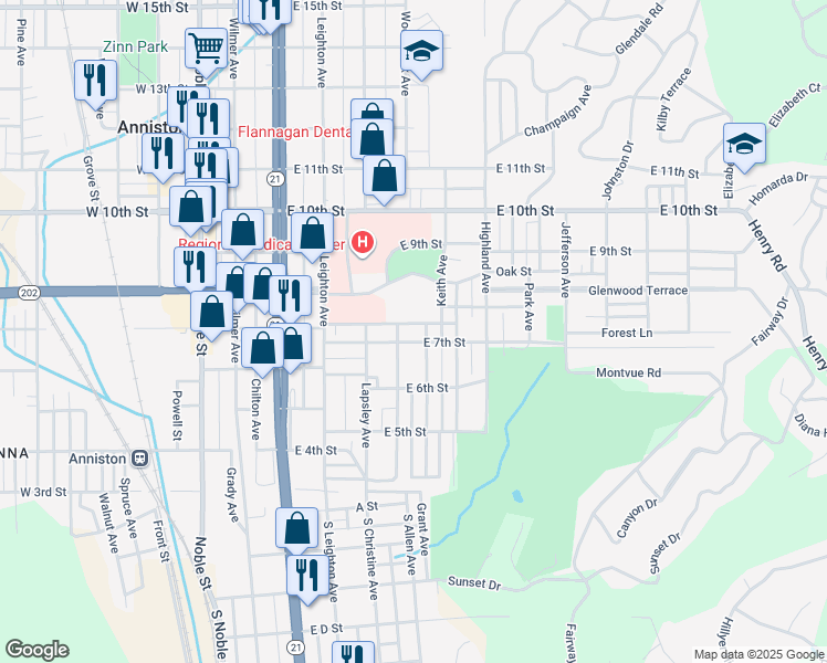 map of restaurants, bars, coffee shops, grocery stores, and more near 628 Knox Avenue in Anniston
