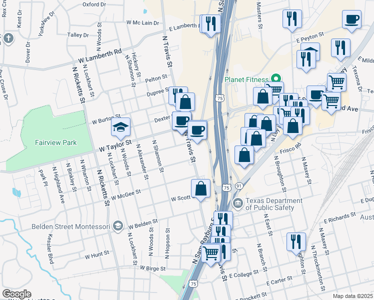 map of restaurants, bars, coffee shops, grocery stores, and more near 107 West Texas Street in Sherman