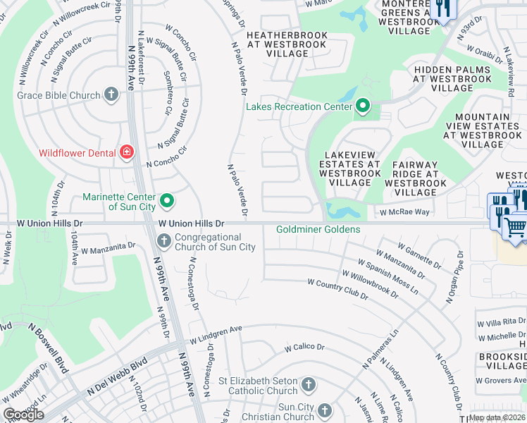 map of restaurants, bars, coffee shops, grocery stores, and more near 12979 West McRae Way in Peoria