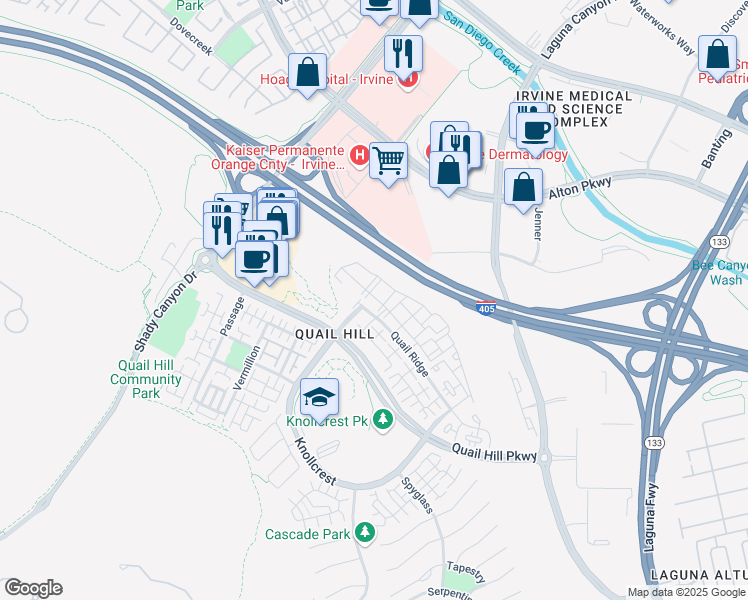 map of restaurants, bars, coffee shops, grocery stores, and more near 312 Quail Ridge in Irvine