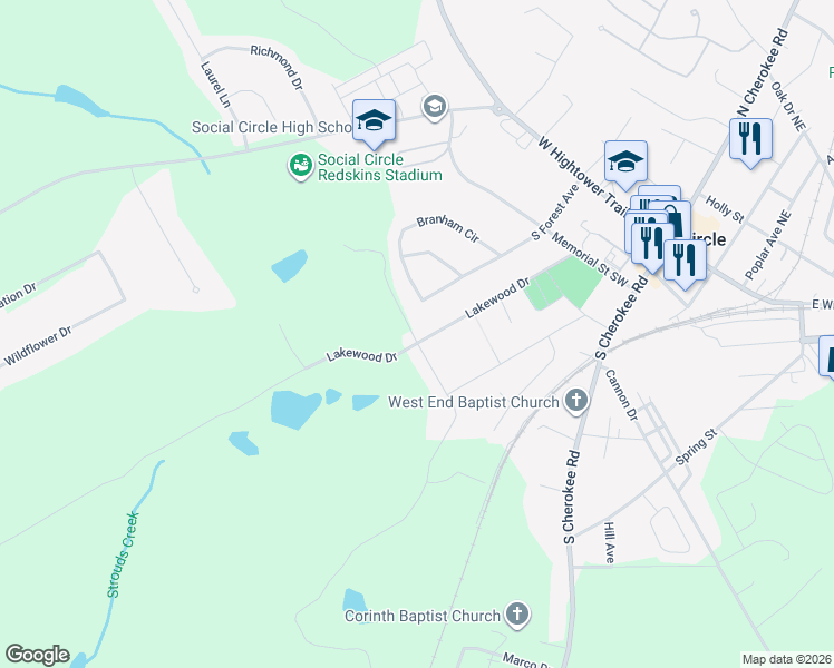 map of restaurants, bars, coffee shops, grocery stores, and more near 363 South Wildwood Drive in Social Circle