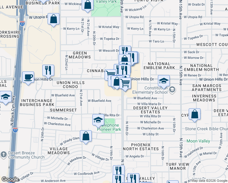 map of restaurants, bars, coffee shops, grocery stores, and more near 1929 West Union Hills Drive in Phoenix