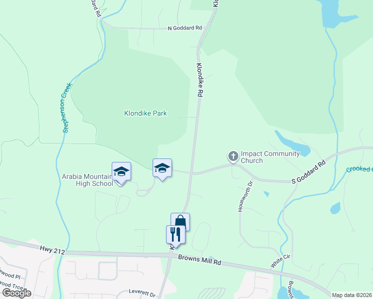 map of restaurants, bars, coffee shops, grocery stores, and more near 6816 South Goddard Road in Stonecrest
