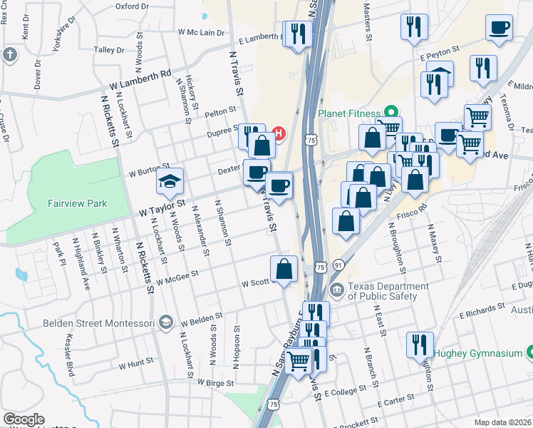 map of restaurants, bars, coffee shops, grocery stores, and more near 107 West Texas Street in Sherman