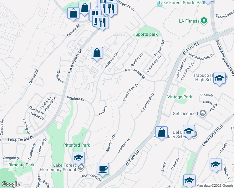 map of restaurants, bars, coffee shops, grocery stores, and more near 21402 Montbury Drive in Lake Forest