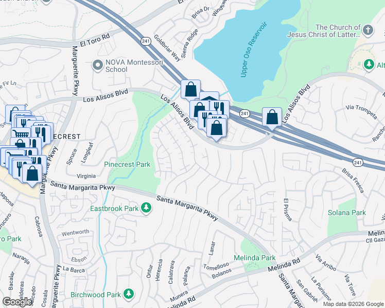 map of restaurants, bars, coffee shops, grocery stores, and more near 21285 San Miguel in Mission Viejo