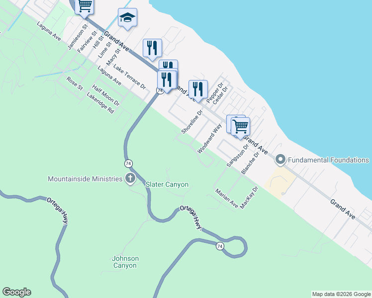 map of restaurants, bars, coffee shops, grocery stores, and more near 15133 Lighthouse Lane in Lake Elsinore