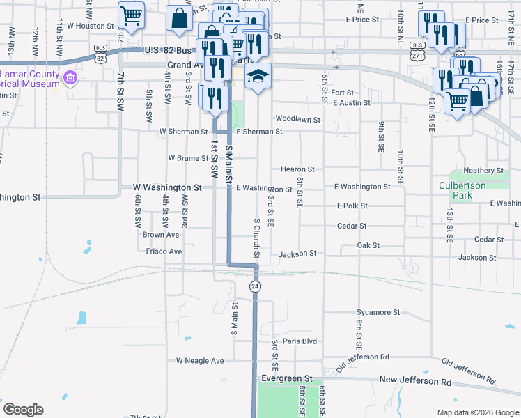 map of restaurants, bars, coffee shops, grocery stores, and more near 913 South Church Street in Paris
