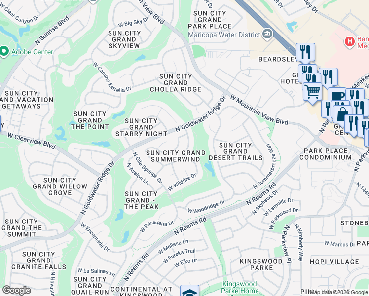 map of restaurants, bars, coffee shops, grocery stores, and more near 15114 West Waterford Drive in Surprise