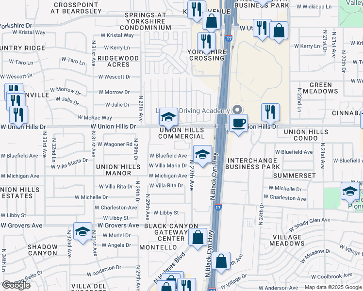 map of restaurants, bars, coffee shops, grocery stores, and more near 18420 North 27th Avenue in Phoenix