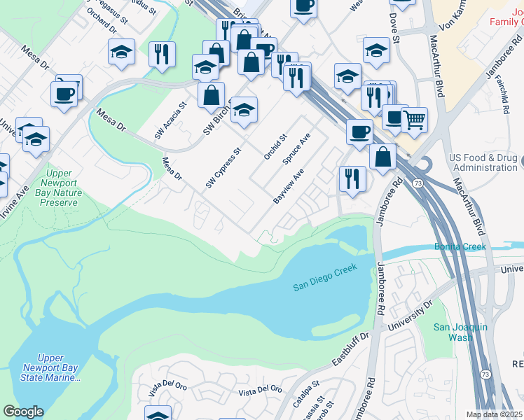 map of restaurants, bars, coffee shops, grocery stores, and more near 20391 Bayview Avenue in Newport Beach