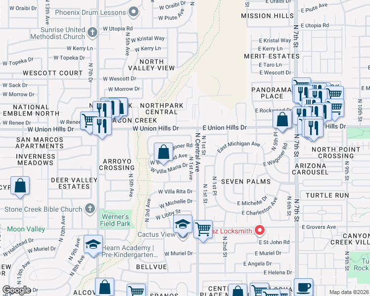 map of restaurants, bars, coffee shops, grocery stores, and more near 119 West Villa Theresa Drive in Phoenix