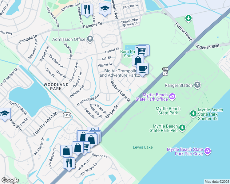 map of restaurants, bars, coffee shops, grocery stores, and more near 612 Mallard Lake Drive in Myrtle Beach
