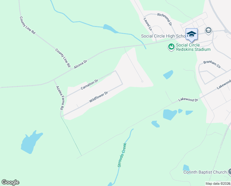 map of restaurants, bars, coffee shops, grocery stores, and more near 335 Wildflower Drive in Social Circle