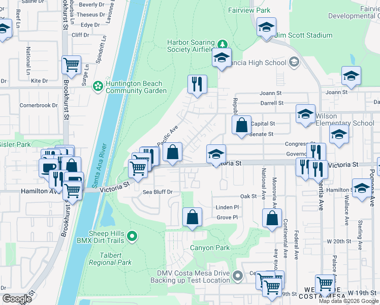 map of restaurants, bars, coffee shops, grocery stores, and more near 2195 Canyon Drive in Costa Mesa