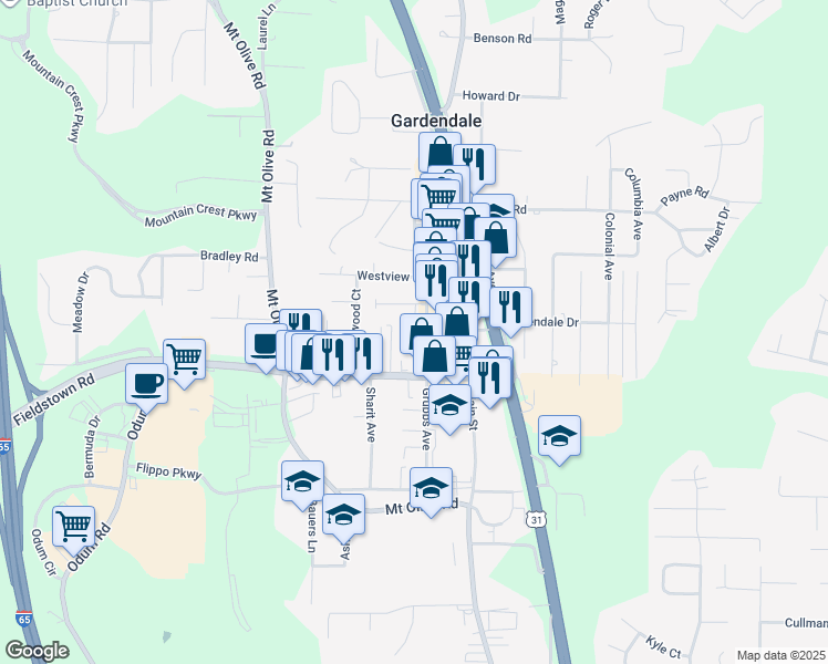 map of restaurants, bars, coffee shops, grocery stores, and more near 1034 Grubbs Avenue in Gardendale