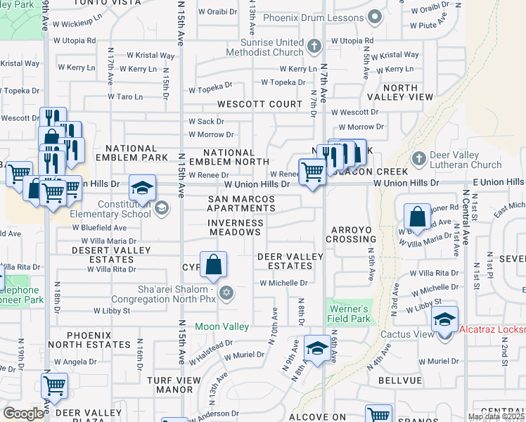 map of restaurants, bars, coffee shops, grocery stores, and more near 921 West Villa Theresa Drive in Phoenix
