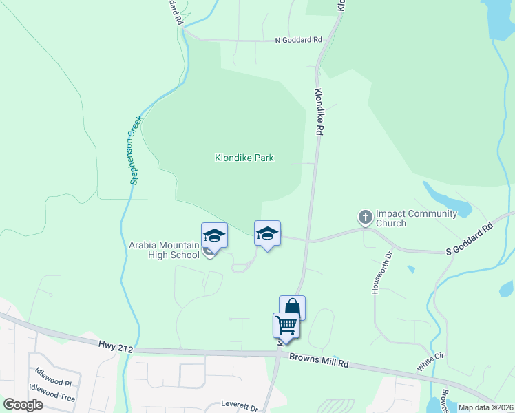 map of restaurants, bars, coffee shops, grocery stores, and more near 6756 South Goddard Road in Stonecrest