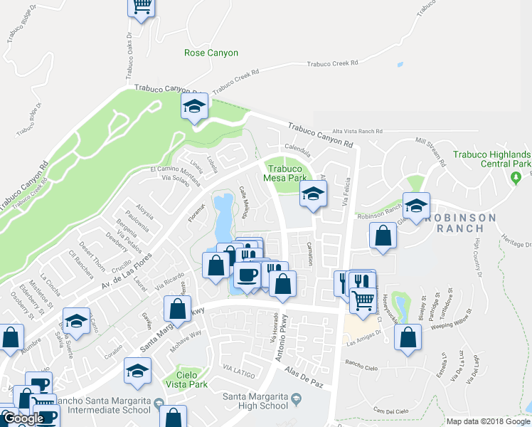 map of restaurants, bars, coffee shops, grocery stores, and more near Calle Maria in Rancho Santa Margarita
