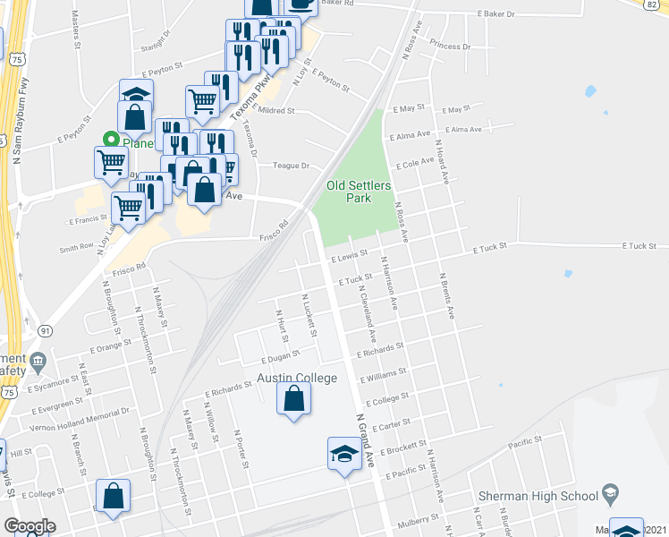 map of restaurants, bars, coffee shops, grocery stores, and more near 1411 North Grand Avenue in Sherman