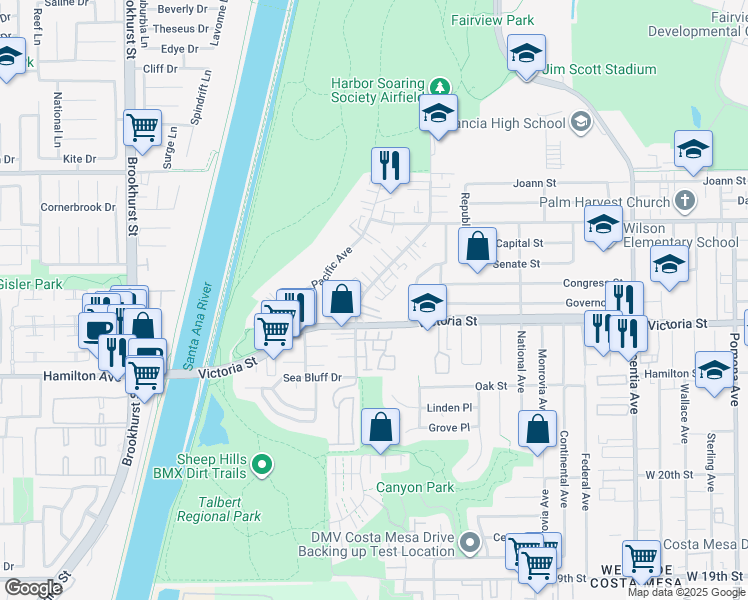 map of restaurants, bars, coffee shops, grocery stores, and more near 2178 Canyon Drive in Costa Mesa