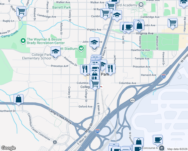map of restaurants, bars, coffee shops, grocery stores, and more near in College Park
