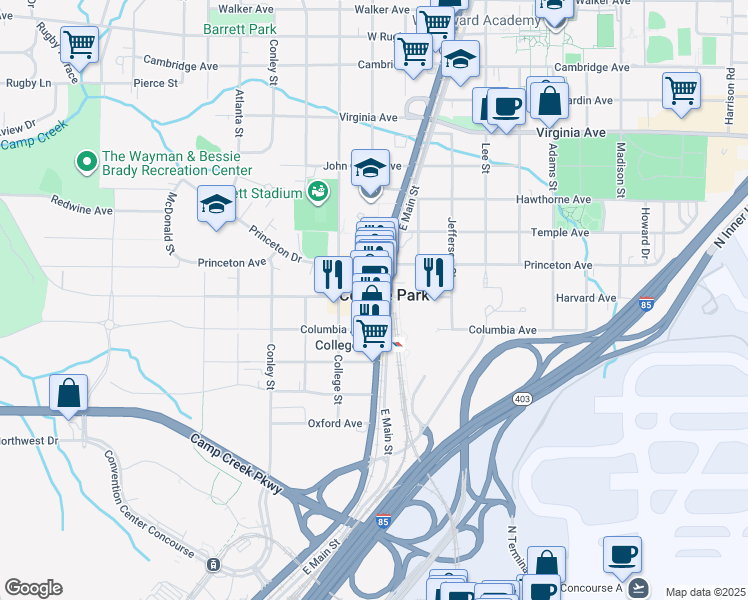 map of restaurants, bars, coffee shops, grocery stores, and more near in College Park
