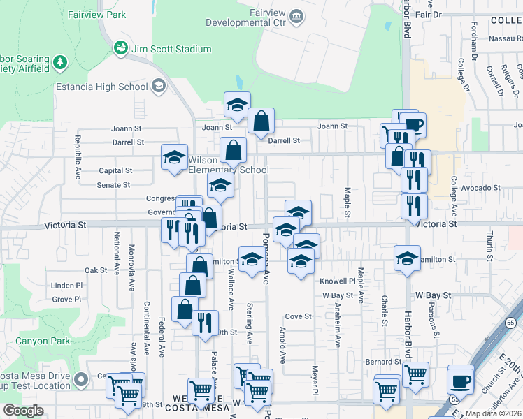 map of restaurants, bars, coffee shops, grocery stores, and more near 2171 Pomona Avenue in Costa Mesa