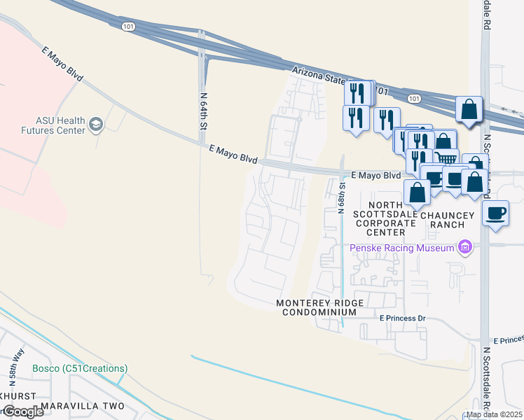 map of restaurants, bars, coffee shops, grocery stores, and more near 6611 East Mayo Boulevard in Phoenix