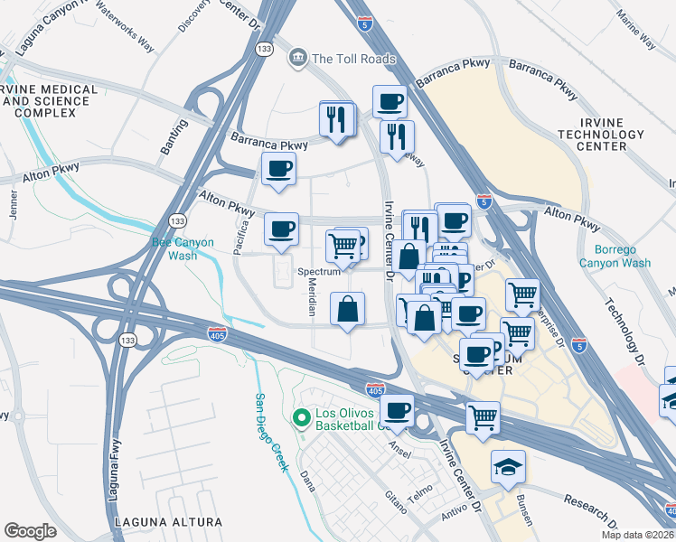 map of restaurants, bars, coffee shops, grocery stores, and more near 3172 Spectrum in Irvine