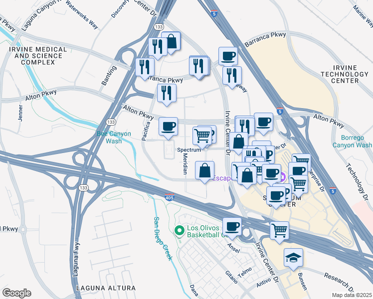 map of restaurants, bars, coffee shops, grocery stores, and more near 7123 Spectrum in Irvine