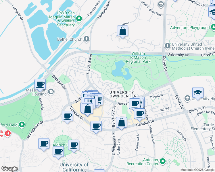 map of restaurants, bars, coffee shops, grocery stores, and more near 33 Auburn Aisle in Irvine
