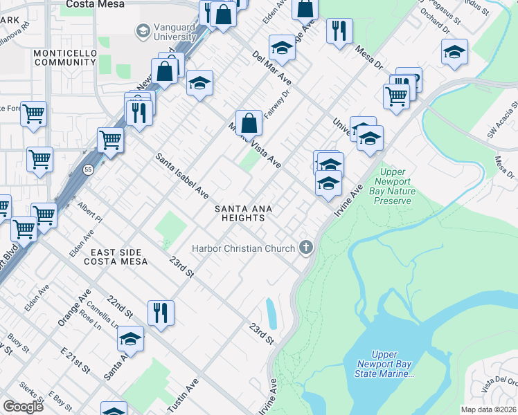 map of restaurants, bars, coffee shops, grocery stores, and more near 308 Paige Lane in Costa Mesa