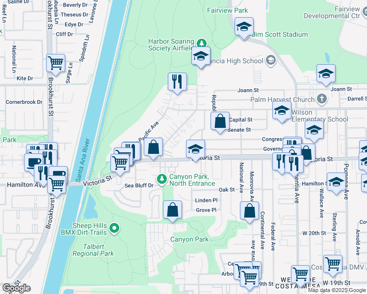 map of restaurants, bars, coffee shops, grocery stores, and more near 2191 American Avenue in Costa Mesa