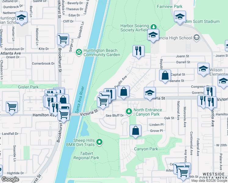 map of restaurants, bars, coffee shops, grocery stores, and more near 2191 Pacific Avenue in Costa Mesa