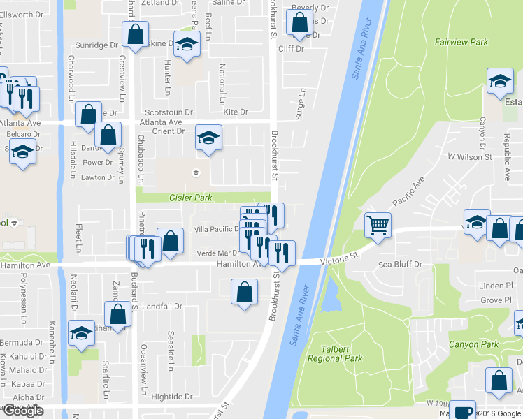 map of restaurants, bars, coffee shops, grocery stores, and more near 21261 Brookhurst Street in Huntington Beach