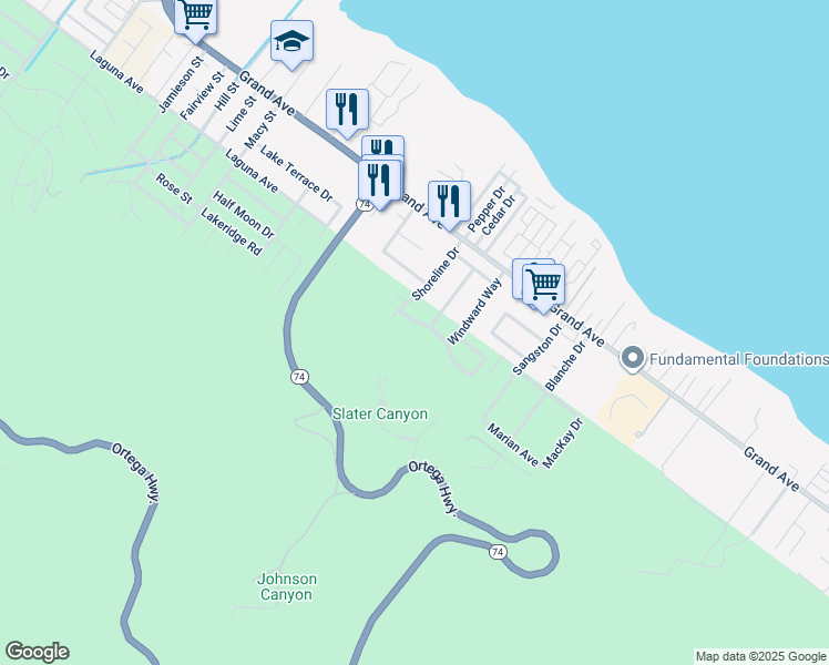 map of restaurants, bars, coffee shops, grocery stores, and more near 15117 Lighthouse Lane in Lake Elsinore