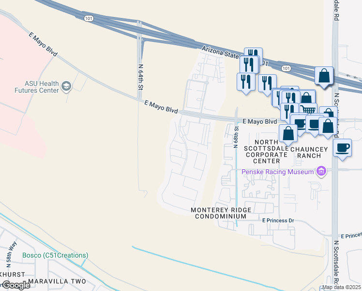 map of restaurants, bars, coffee shops, grocery stores, and more near 6611 East Mayo Boulevard in Phoenix