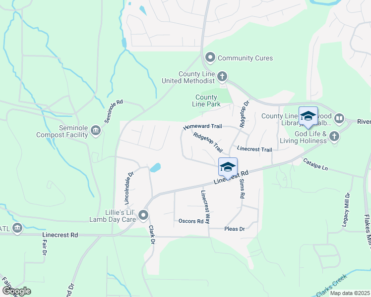 map of restaurants, bars, coffee shops, grocery stores, and more near 3397 Homeward Trail in Ellenwood