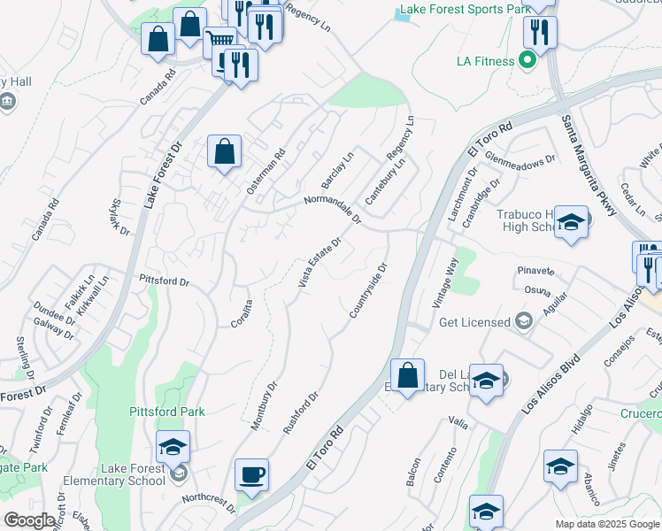 map of restaurants, bars, coffee shops, grocery stores, and more near 21321 Hillside Court in Lake Forest