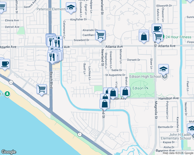 map of restaurants, bars, coffee shops, grocery stores, and more near 8441 Doncaster Drive in Huntington Beach