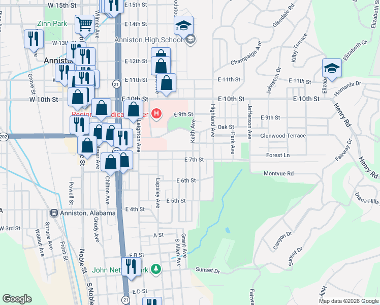 map of restaurants, bars, coffee shops, grocery stores, and more near 600 East 8th Street in Anniston